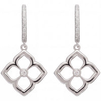 Silver drop earrings with open pointed clover flower and small round center stone.