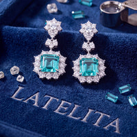 Teal aquamarine drop earrings in silver with crystal clusters and square center stones