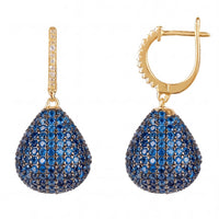 Gold pear drop earrings with blue pavé gemstone drops