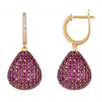 Gold pear drop gemstone earrings with ruby pavΓ© teardrop charms