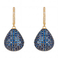 Pear drop earrings with sapphire blue pavé stones and gold hooks