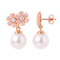 Rose gold bouquet drop earrings with white pearls and sparkly flower settings