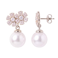Silver bouquet crystal and pearl drop earrings, butterfly clasp shown