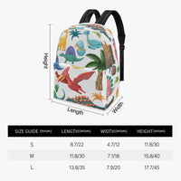 Kids dinosaur backpack with multicolor dinosaur print, black shoulder straps and side pocket