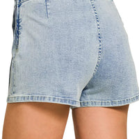 Light wash denim skort shown from back with stitched seams and side ties