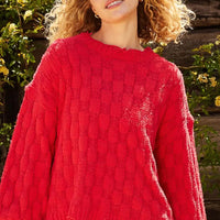Red checkered distressed edge sweater, scalloped hem and cuffs