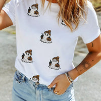 White short-sleeve t-shirt with cartoon ghost dog front print