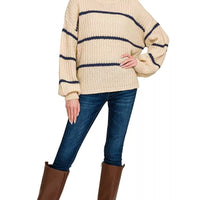 Taupe oversize striped sweater with navy stripes, long sleeves and ribbed crew neck