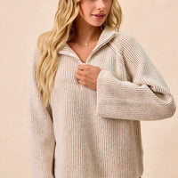 Taupe and cream ribbed knit zip-collar top, long sleeves