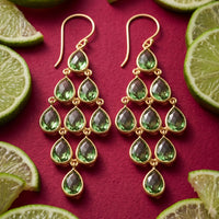 Gold peridot teardrop cluster drop earrings with cascading green stones