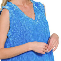 Acid-washed blue double gauze V-neck tank with gathered shoulders