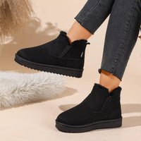 Black suede-look ankle boots with side elastic gore and faux fur cuff