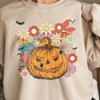 Tan crewneck sweatshirt with pumpkin floral graphic front