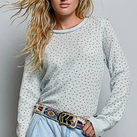 Light blue speckled ribbed knit crew neck long-sleeve top, fitted silhouette