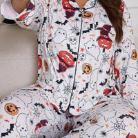 Plus size pajama set with white collared, button-front top and Halloween print pants