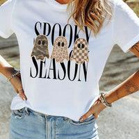 Women's white crew-neck short-sleeve T-shirt with 'Spooky Season' ghost trio graphic