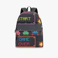 Kids canvas backpack in black with pixel “START” and “GAME OVER” front design.
