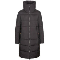 Women's puffer coat, high stand collar, dark charcoal, long sleeves, front zipper.