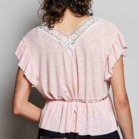 Blush striped peplum blouse with V-back lace trim and ruffled flutter sleeves