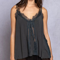Dark gray lace-trim V-neck cami with scalloped lace neckline