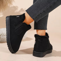 Black plush-lined ankle boots with fur trim and rear pull tab on chunky sole