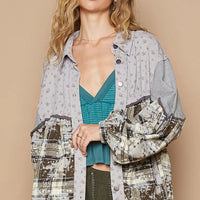 Women's floral button-front shirt with balloon sleeves and plaid color-block panels