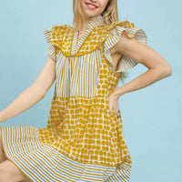 Women's marigold mix patchwork tiered dress with flutter sleeves and tiered skirt