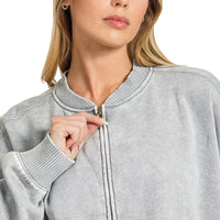 Acid-washed gray fleece full-zip jacket with ribbed stand collar detail