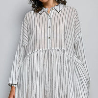 Striped relaxed shirt dress with button front, point collar, and tiered gathered skirt