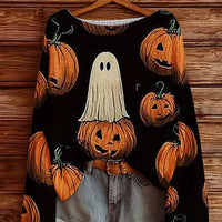 Plus-size Halloween boat-neck sweater in black with pumpkin and ghost graphics
