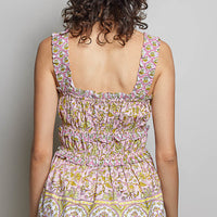Pink multi printed smocked square-back peplum tank with ruffle trim, sleeveless