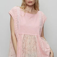 Blush pink lace peplum blouse with embroidered boat neck and cap sleeves, front view