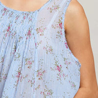 Blue floral pleated cotton sleeveless top, round neck detail