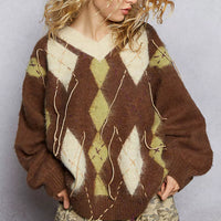 Women's mohair V-neck sweater, brown argyle with cream and green diamond shapes seam lines