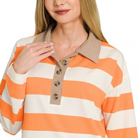 Orange and white striped long-sleeve polo top, taupe collar with front buttons