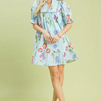 Seafoam blue multi-floral V-neck dress with puff sleeves and above-knee skirt