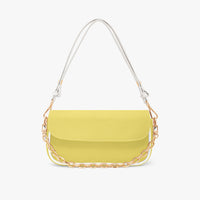 Yellow leather shoulder bag with front flap, gold chain strap, and white top handles.