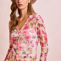 Pink multi floral mesh cardigan top with V-neck, button front, and tie waist