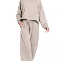 Washed terry pullover and wide-leg pants set, ash mocha, round neck, drawstring waist