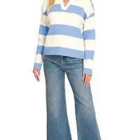 Blue and ivory striped collared sweater with long sleeves and V-neck
