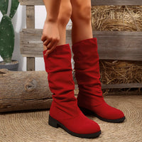 Red suede round-toe block heel knee boots with ruched pull-on shaft