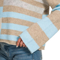 Lightweight wool-blend color block sweater, sky blue and beige with white stripes