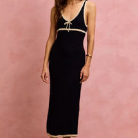 Black knit maxi sleeveless bodycon dress with oatmeal chest stripe and tie
