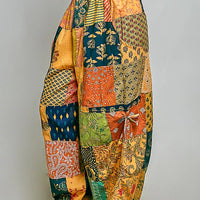 Patchwork wide-leg printed pants with elastic waistband and adjustable side drawstring