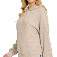 Brushed ribbed hacci hoodie pullover in heather mocha with hood and kangaroo pocket