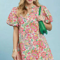 Pink mix paisley floral shift dress with puff sleeves and V-neck