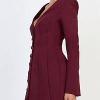 Wine red blazer dress with deep V-neck and long sleeves, button front detail