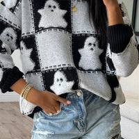 Black/white ghost checkered drop-shoulder sweater, ribbed cuffs and hem