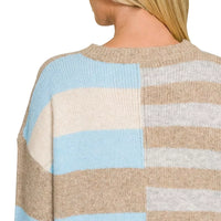 Lightweight color block sweater back, sky blue and beige stripe blocks