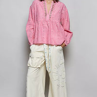 Pink eyelet lace cotton blouse with split V neckline and gathered bust; long puff sleeves